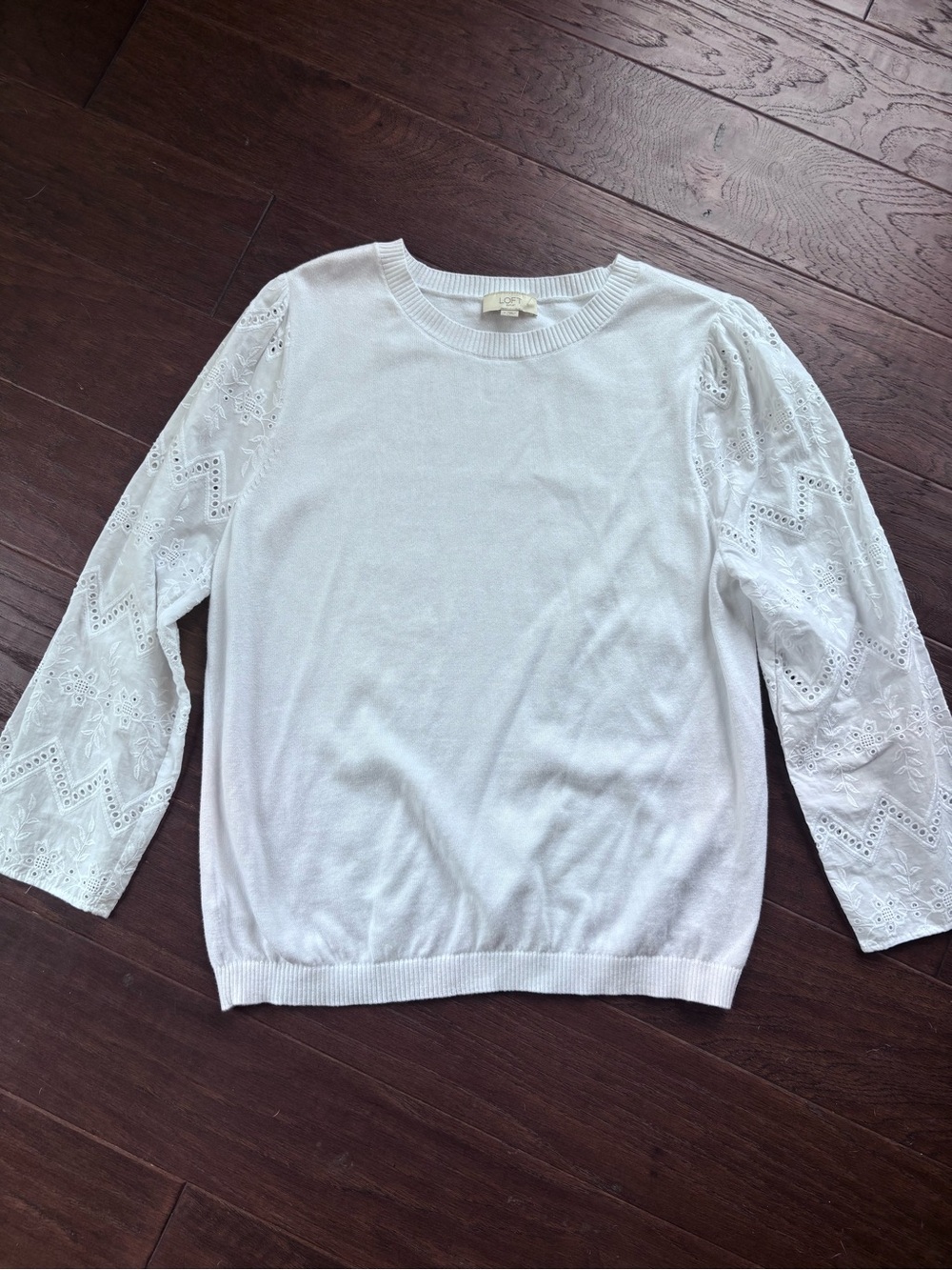 LOFT White Sweater with Lace Eyelet Sleeves Large